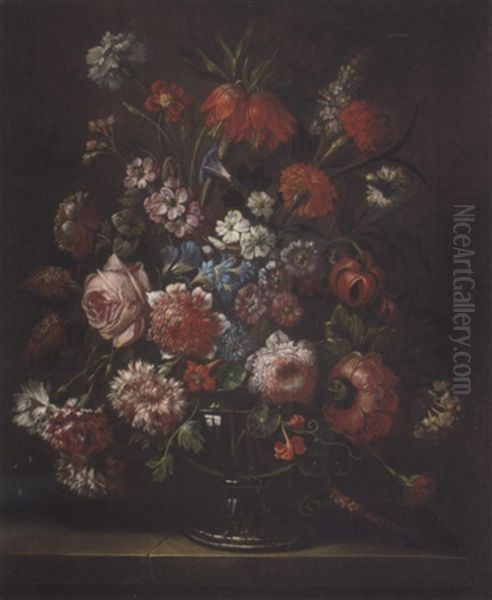 Roses, Chrysanthemums, Carnations, Hyacinths And Other Flowers In A Glass Vase On A Stone Ledge Oil Painting by Nicola Casissa