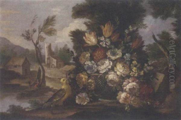 Mixed Flowers In A Basket In A Clearing, A Bird Beside, A Landscape With Figures By A Lake Beyond Oil Painting by Nicola Casissa