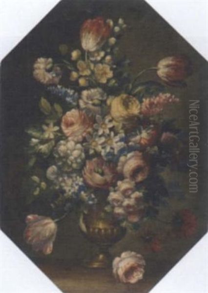 Roses, Tulips, Carnations And Other Mixed Flowers In A Vase Oil Painting by Nicola Casissa