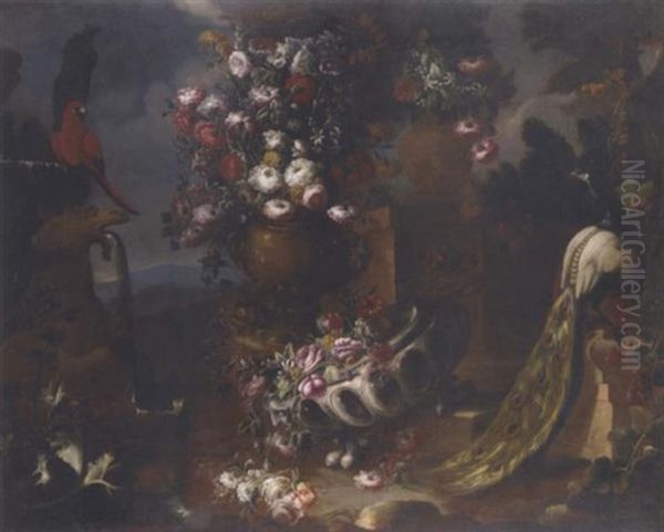 Roses, Carnations, Poppies, Morning Glory, Asters And Other Flowers In Two Urns, A Parrot By A Fountain, A Thistle, A Peacock And A Vine In An Ornamental Garden Oil Painting by Nicola Casissa