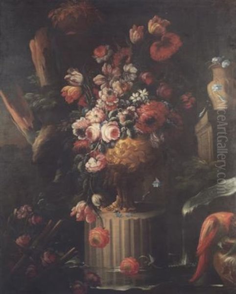 Peonies, Chrysanthemums, Tulips, Narcissi, Morning Glory And Other Flowers In A Sculpted Vase On A Ruined Column, With Roses And A Parrot Before A Waterfall Oil Painting by Nicola Casissa