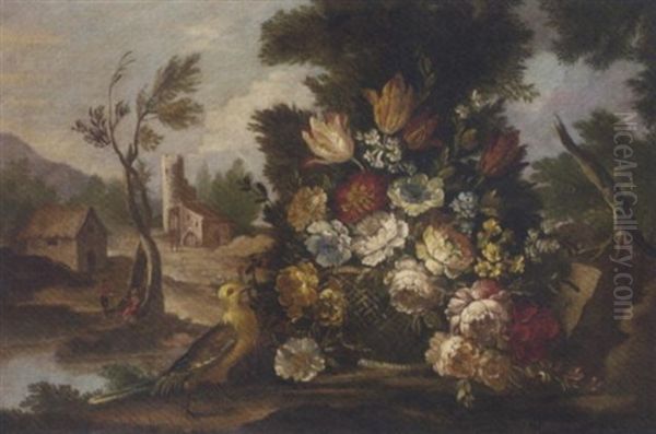 Mixed Flowers In A Basket In A Clearing, A Bird Beside, A Landscape With Figures By A Lake Beyond Oil Painting by Nicola Casissa