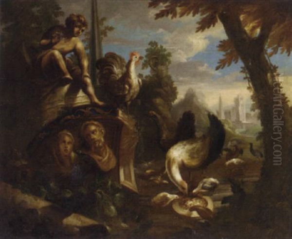 Poultry And Other Birds Feeding Amongst Classical Ruins Oil Painting by Nicola Casissa