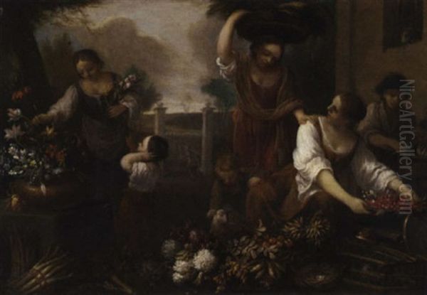 Women And Children Arranging Flowers In The Grounds Of A Building Oil Painting by Nicola Casissa