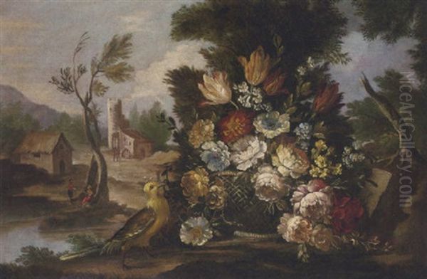 Mixed Flowers In A Basket In A Clearing, A Bird Beside, A Landscape With Figures By A Lake Beyond Oil Painting by Nicola Casissa