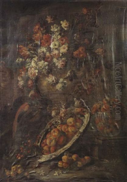 Nature Morte Au Bouquet De Fleurs Et Coupe De Fruits Dans Un Paysage Oil Painting by Nicola Casissa