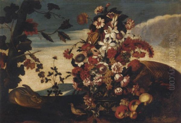 Roses, Carnations And Other Flowers In A Vase, With An Overturned Basket Of Fruit, A Hare And A Bird In A Clearing Oil Painting by Nicola Casissa