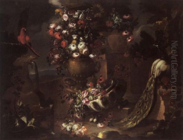 Carnations, Roses, Poppies And Other Flowers In Urns, A Parrot By A Fountain, A Peacock, A Thistle And Vine In A Garden Landscape by Nicola Casissa