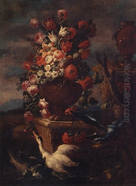 Roses, Carnations, Tulips And Other Flowers In A Sculpted Urn On A Stone Ledge, By A Terracotta Urn With Flower Swags Oil Painting by Nicola Casissa