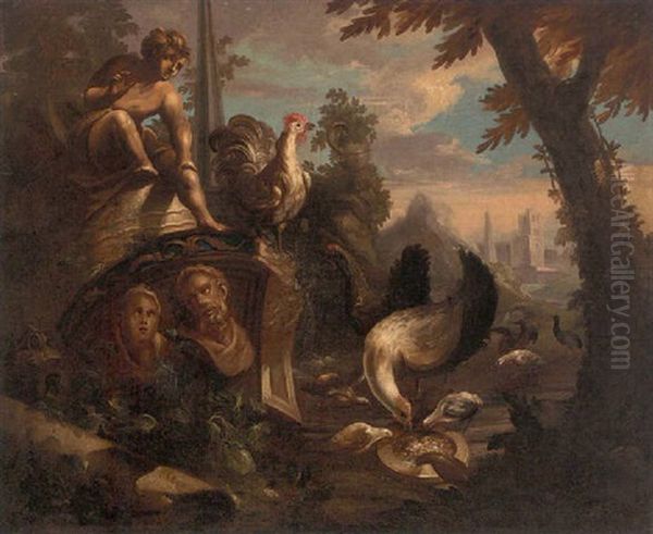 Poultry And Other Birds Feeding Amongst Classical Ruins Oil Painting by Nicola Casissa