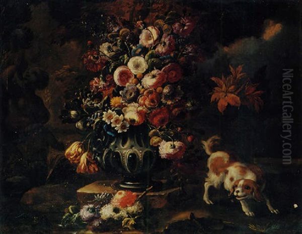 Roses, Peonies, Tulips, And Other Flowers In A Sculpted Urn On A Stone Ledge With A Spaniel, Before A Fountain Oil Painting by Nicola Casissa