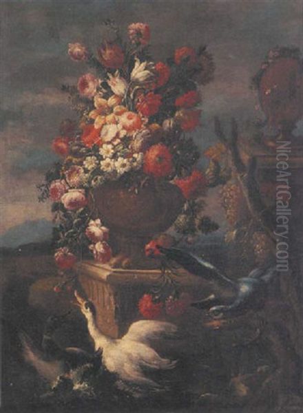 Roses, Carnations, Tulips And Other Flowers In A Sculpted Urn On A Stone Ledge, A Landscape Beyond Oil Painting by Nicola Casissa