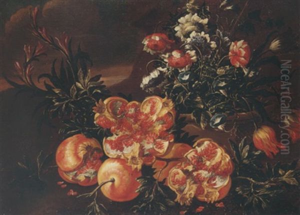 A Still Life Of Pomegranates, With Tulips, Morning Glory And Chrysanthemums In A Stone Pot, In A Landscape Setting Oil Painting by Nicola Casissa