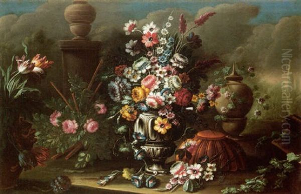 Still Life Of Flowers In A Stone Urn, Within A Classical Garden Oil Painting by Nicola Casissa