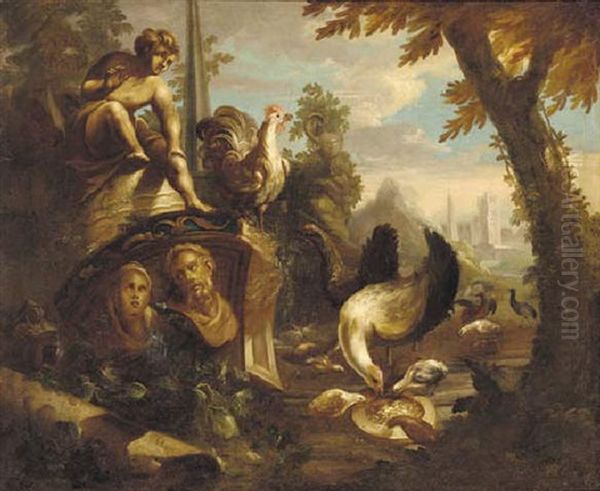 Cockerels, Chicks And Other Birds Feeding Amongst Classical Ruins Oil Painting by Nicola Casissa