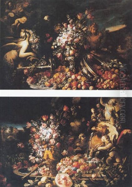 Still Life Of Fruit And Flowers Set Amidst Fountains And Classical Sculpture Oil Painting by Nicola Casissa