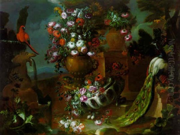 Roses, Carnations, Poppies, Morning Glory, Aster And Other Flowers In Two Urns, A Parrot By A Fountain In A Garden Oil Painting by Nicola Casissa