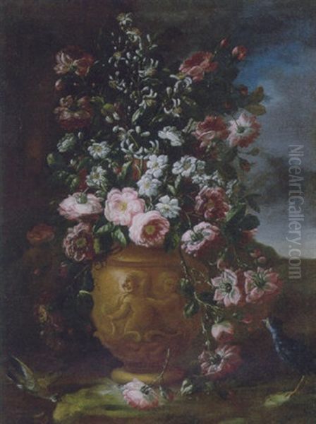 Rose Selvatiche, Gardenie E Gigli Entro Un Vaso Di Terracotta Con Eroti A Rilievo En Plein Air, E Due Uccellini Oil Painting by Nicola Casissa