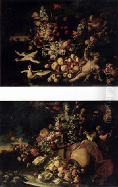 Carnations, Tulips And Other Flowers In A Gilt Bowl With Grapes, Peaches And Other Fruit, Ducks And Putti In A Landscape Oil Painting by Nicola Casissa