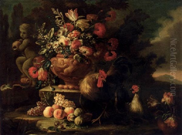 Flowers In A Urn On A Plinth By A Fountain With Chickens And Fruit In A Landscape Oil Painting by Nicola Casissa