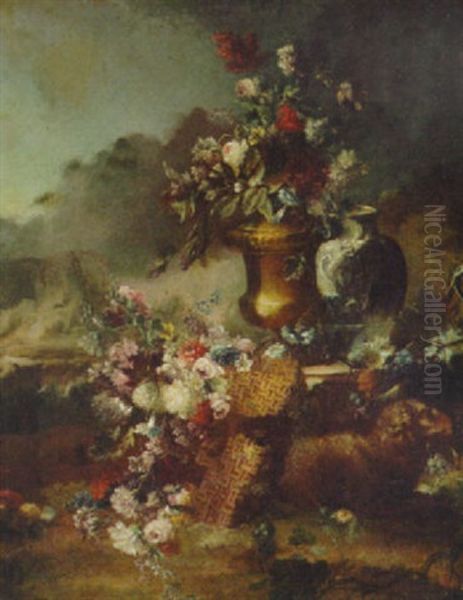 Roses, Carnations, Morning Glory And Other Flowers In An Urn On A Ledge With Other Flowers In A Basket And A Sheep In A Landscape Oil Painting by Nicola Casissa