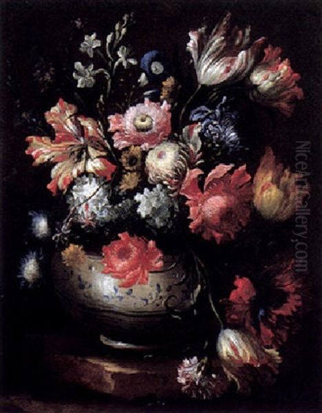 A Still Life Of Various Flowers In A Painted Vase Oil Painting by Nicola Casissa