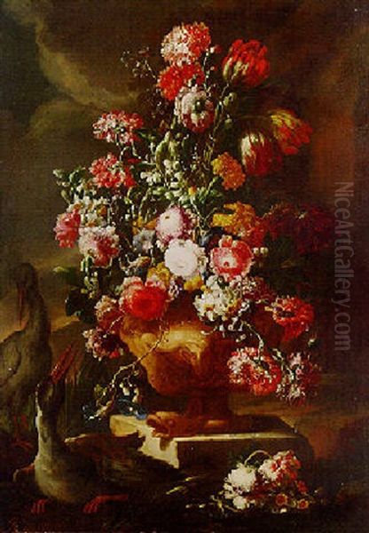 Mixed Flowers In A Sculpted Urn On A Stone Ledge, Waterfowl Nearby Oil Painting by Nicola Casissa