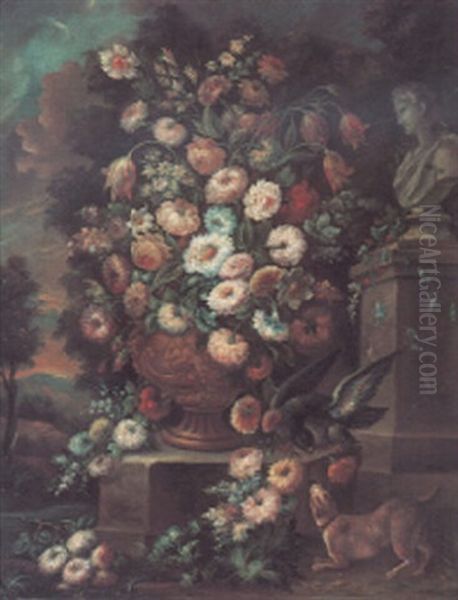 Flowers In An Urn On A Stone Ledge, With Animals In The Foreground And Marble Bust Oil Painting by Nicola Casissa