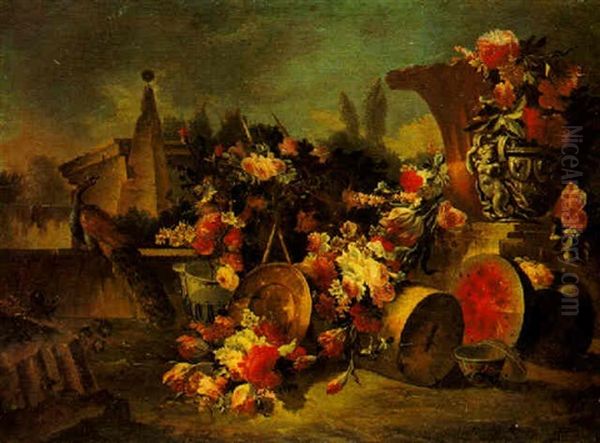 Still Life Of Flowers With A Peacock In A Garden Oil Painting by Nicola Casissa