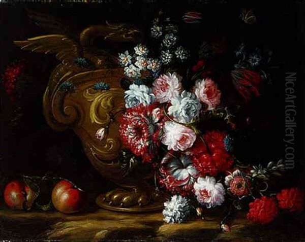 Flowers Cascading From An Eagle-handled Urn On A Bank With Peaches Resting At Its Foot Oil Painting by Nicola Casissa