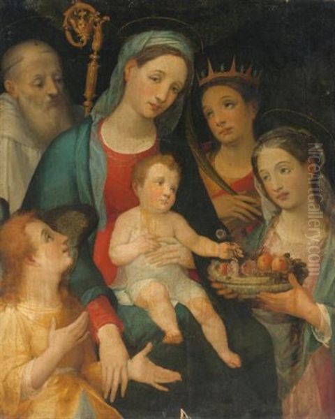 The Madonna And Child With Saints Benedict And Flavia, Together With The Sister Of Placidus Holding A Bowl Of Fruit And Flowers, Attended By An Angel Oil Painting by Alessandro Casolani