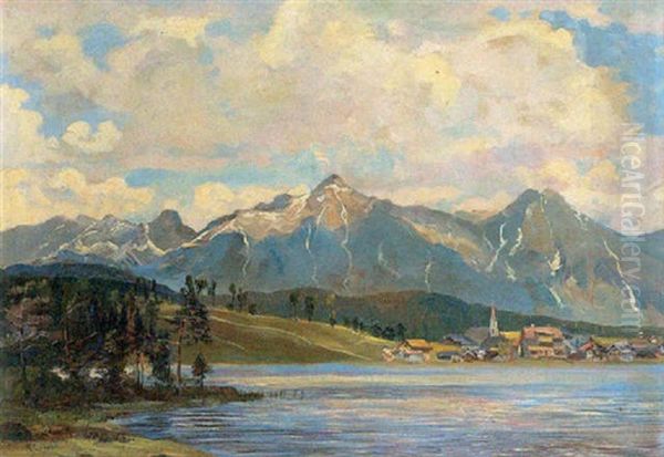 Dorf Am See Mit Wetterstein Oil Painting by Reinhard Caspar