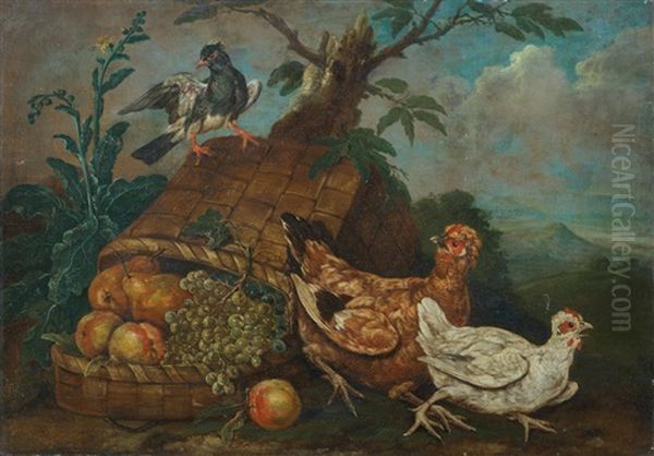 Birds And An Upturned Basket Of Fruit In A Landscape Oil Painting by Giovanni Agostino (Abate) Cassana