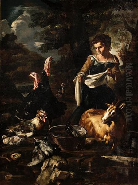 A Washerwoman Surrounded By Poultry, Guinea Pigs And A Goat Oil Painting by Giovanni Agostino (Abate) Cassana