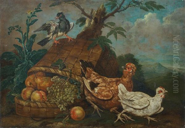 Birds And An Upturned Basket Of Fruit In A Landscape Oil Painting by Giovanni Agostino (Abate) Cassana