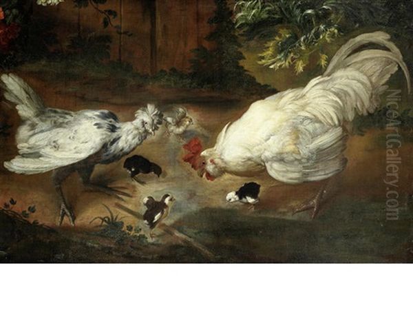 A Hen, Cockerel And Chicks In A Farmyard Oil Painting by Giovanni Agostino (Abate) Cassana