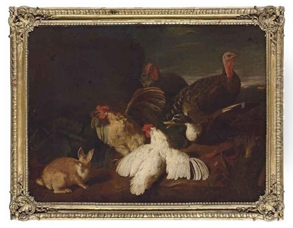 Hens, Turkeys, A Duck And A Rabbit, In A Park Landscape Oil Painting by Giovanni Agostino (Abate) Cassana