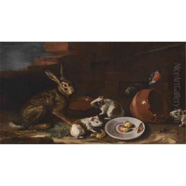 A Farmyard Scene With A Still Life Of A Rabbit, Guinea Pigs, Apple-peel And A Butterfly On A Plate, Together With A Terracotta Jug And Bowl Oil Painting by Giovanni Agostino (Abate) Cassana