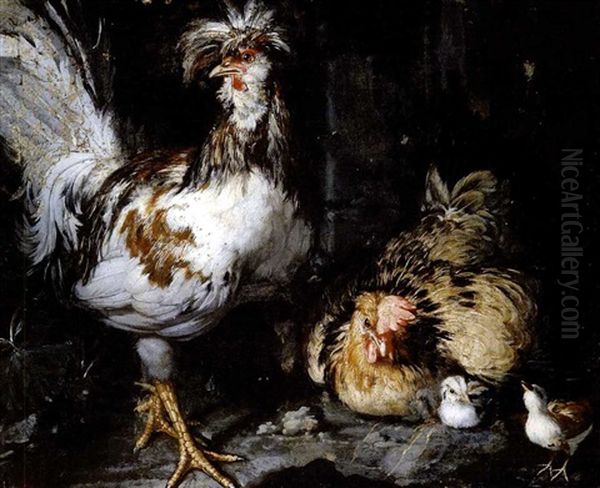 Un Gallo E Due Galline (+ Un Gallo, Una Gallina E Due Pulcini; Pair) Oil Painting by Giovanni Agostino (Abate) Cassana