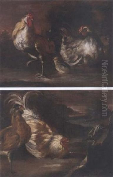 A Cockerel, A Chicken And Chicks In A Landscape Oil Painting by Giovanni Agostino (Abate) Cassana