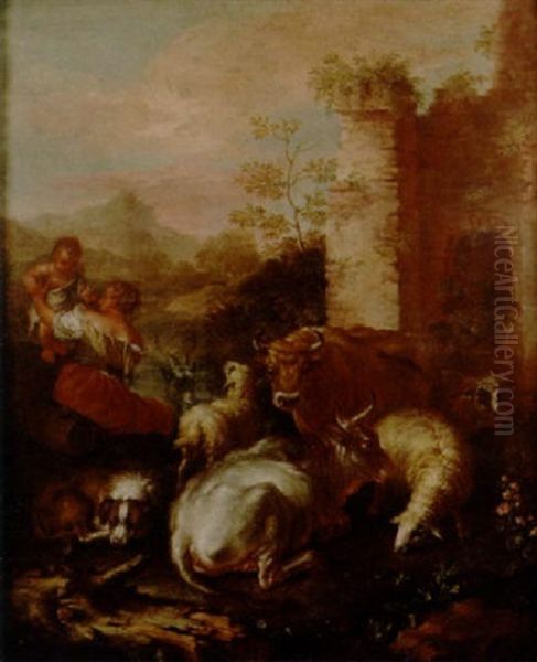 A Shepherdess, Her Child And A Dog Tending Cattle, Sheep, A Goat And A Ram By Ruins In An Italianate Landscape Oil Painting by Giovanni Agostino (Abate) Cassana