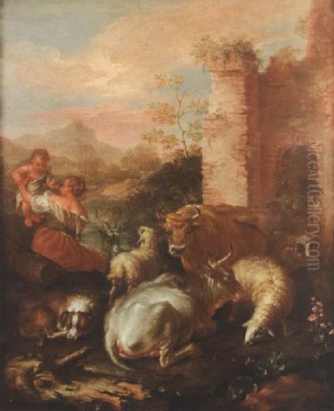 A Shepherdess, Her Child And A Dog Tending Cattle, Sheep, A Goat And A Ram By Ruins In An Italianate Landscape Oil Painting by Giovanni Agostino (Abate) Cassana