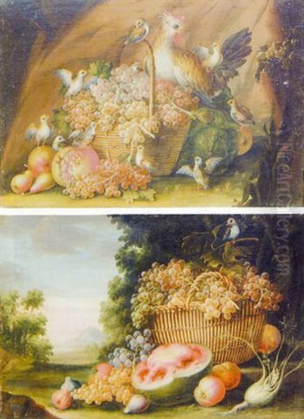 Nature Morte Aux Raisins Avec Poules Et Poussins Oil Painting by Giovanni Agostino (Abate) Cassana