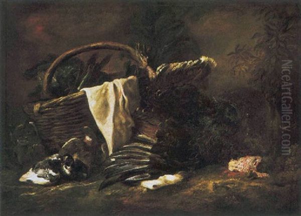 Natura Morta Con Tacchino, Piccioni, Gatto Ed Un Grande Cesto Oil Painting by Giovanni Agostino (Abate) Cassana