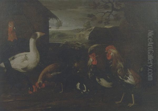 Un Tacchino, Un'oca, Due Galline, Due Conigli E Due Galli In Un Cortile, Con Un Casolare Sullo Sfondo Oil Painting by Giovanni Agostino (Abate) Cassana