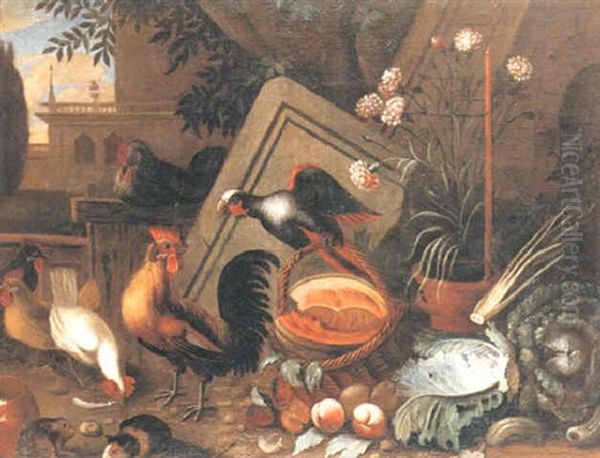 Stilleben Med Faglar, Frukt Och Blommor Oil Painting by Giovanni Agostino (Abate) Cassana