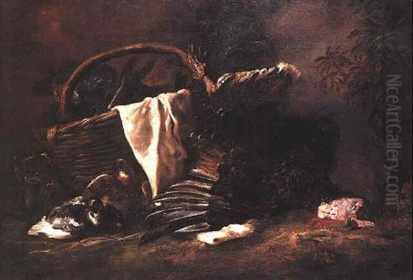 A Trussed Turkey And A Wicker Basket Laden With Asparagus, Artichokes And A Draped White Cloth In A Landscape With A Cat Stalking A Pair Of Pigeons by Giovanni Agostino (Abate) Cassana