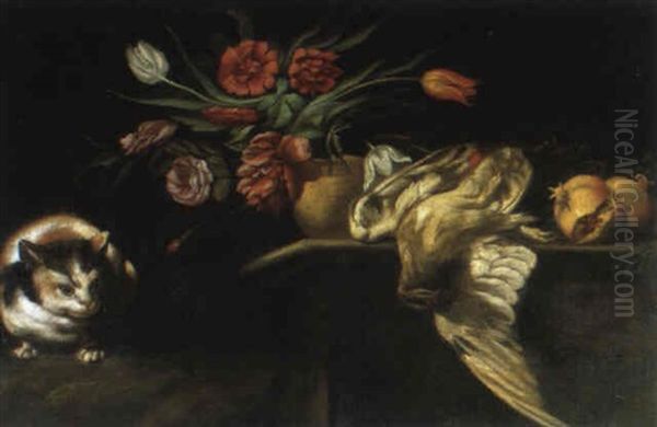 Stilleben Mit Blumen Und Einer Katze Oil Painting by Giovanni Agostino (Abate) Cassana