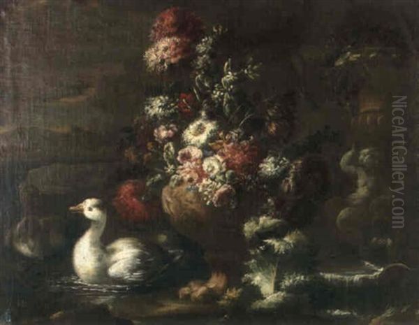 Bouquet De Fleurs Et Canards Oil Painting by Giovanni Agostino (Abate) Cassana