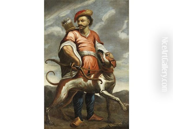 Portrait Of A Turk, Standing Full-length, In A Pale Red Coat And Red Cap, Holding A Bow, A Hound At His Side, In A Landscape Oil Painting by Giovanni Francesco Cassana